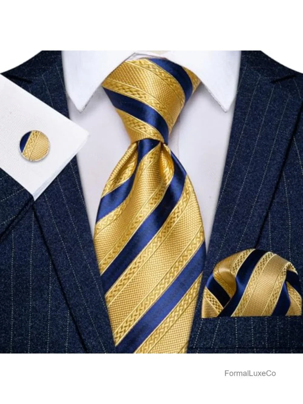 Silk Tie Pocket Square Cufflinks Set for Men Striped Jacquard